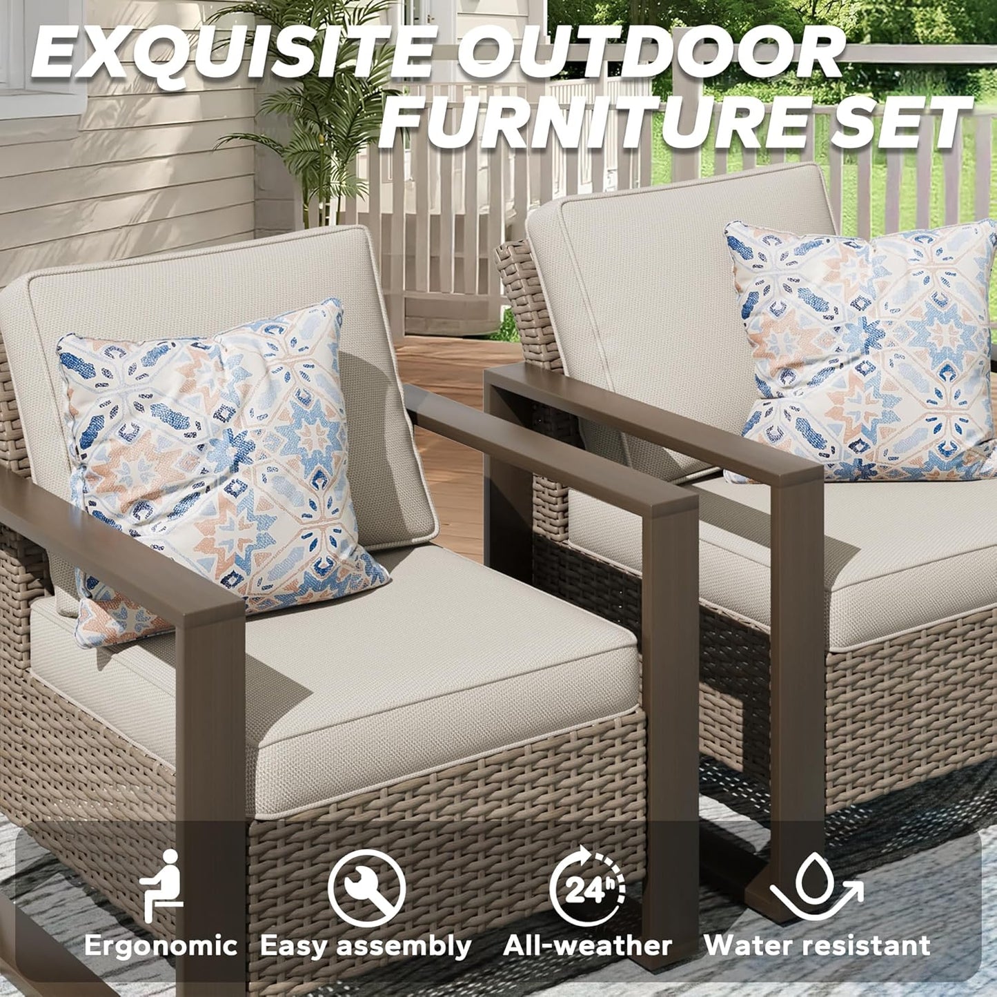 Wicker Patio 75" Sofa Set with Two Armchairs, All Weather Rattan Outdoor Conversation Furniture Set with Wood-Looking Metal Armrest & Removable Cushions for Deck Backyard Porch, Beige