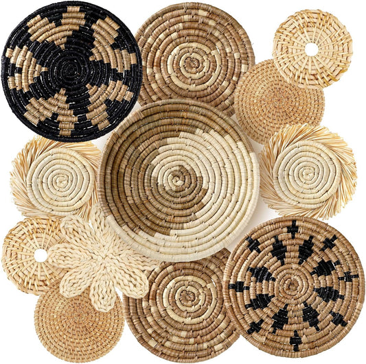Xuhal 11 Pcs Boho Hanging Wall Basket Decor Handmade Woven Basket Wall Decorative Boho Wicker Baskets Placemats Round Farmhouse Bulrush Art for Rustic Home Decorations Christmas Gift(Rustic)