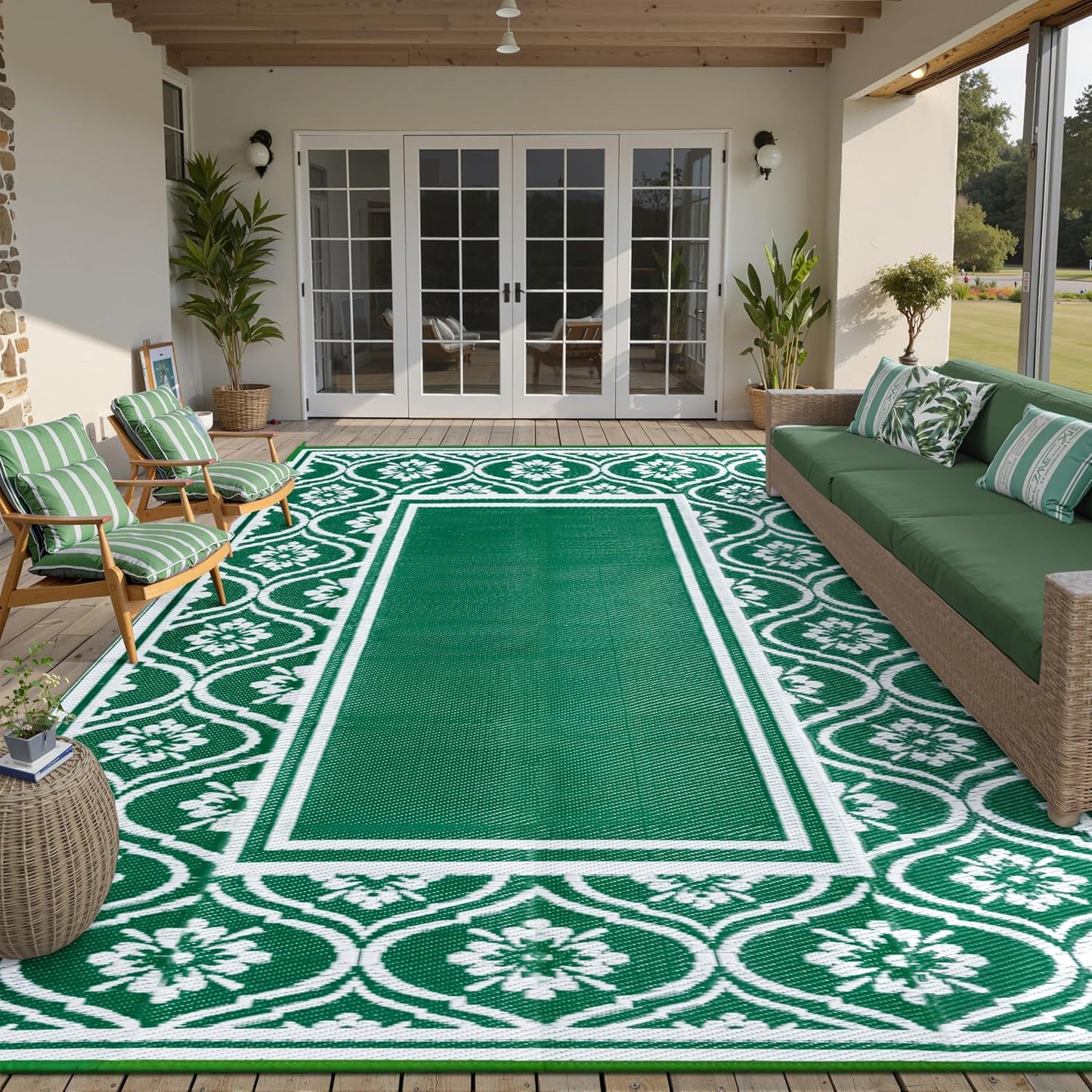 Plastic Outdoor Rug 6'x9' Waterproof Camping Carpet Outside Area Rug Reversible Green Rugs for RV Deck Entryance Porch Picnic Balcony Beach