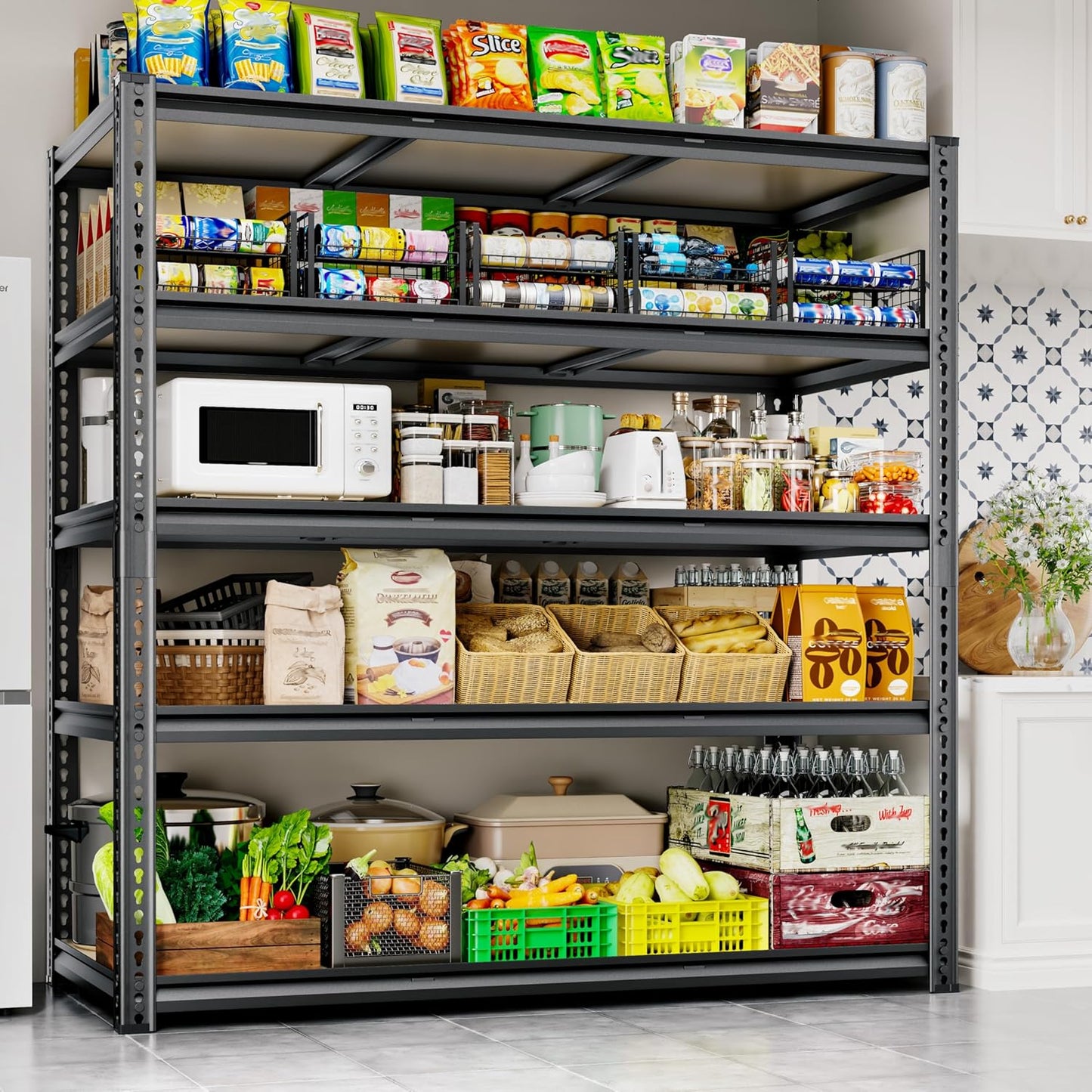 48"W Garage Shelving, 3050LBS Storage Shelves heavy duty, 5 Tier Metal Shelving Unit Adjustable Garage Shelves Heavy Duty Shelving for Warehouse,Commercial, Kitchen, 48" W × 24" D × 72" H, Black，2PCS