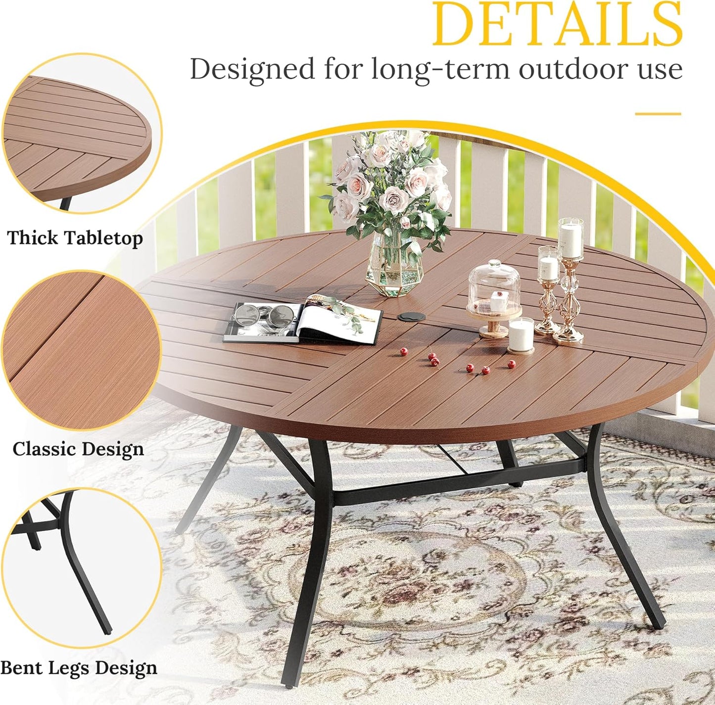 VICLLAX Round Patio Table with Adjustable Umbrella Hole for 6, All Weather Metal Outdoor Dining Table for Lawn Garden, 50" Outdoor Coffee Table, Walnut Wood-Like Tabletop