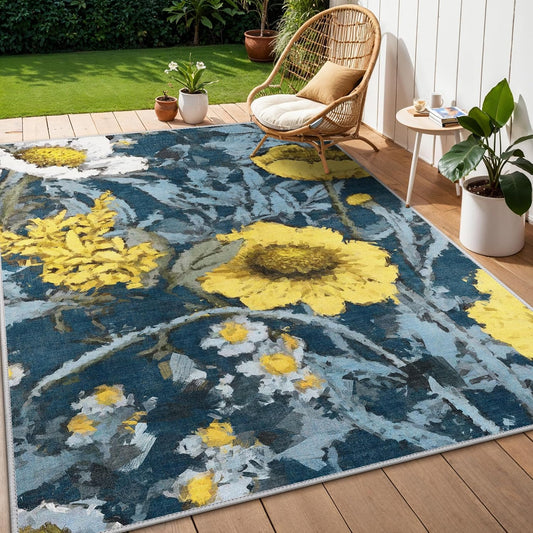 GENIMO Indoor Outdoor Area Rug 6' X 9' Waterproof, Washable Patio Rug Non Shedding, Easy Cleaning Floral Outdoor Carpet for Living Room, Bedroom, Dining Room, Balcony, Backyard, Deck, RV, Blue Yellow