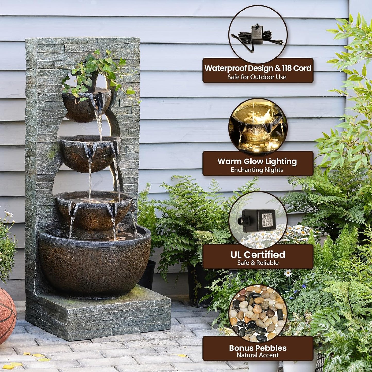43" H Water Fountain Outdoor Garden - Large Waterfall Tiered Freestanding Cascade Bowl Fountains with LED Strips for Patio Backyard Deck Porch Home Decor, Brown