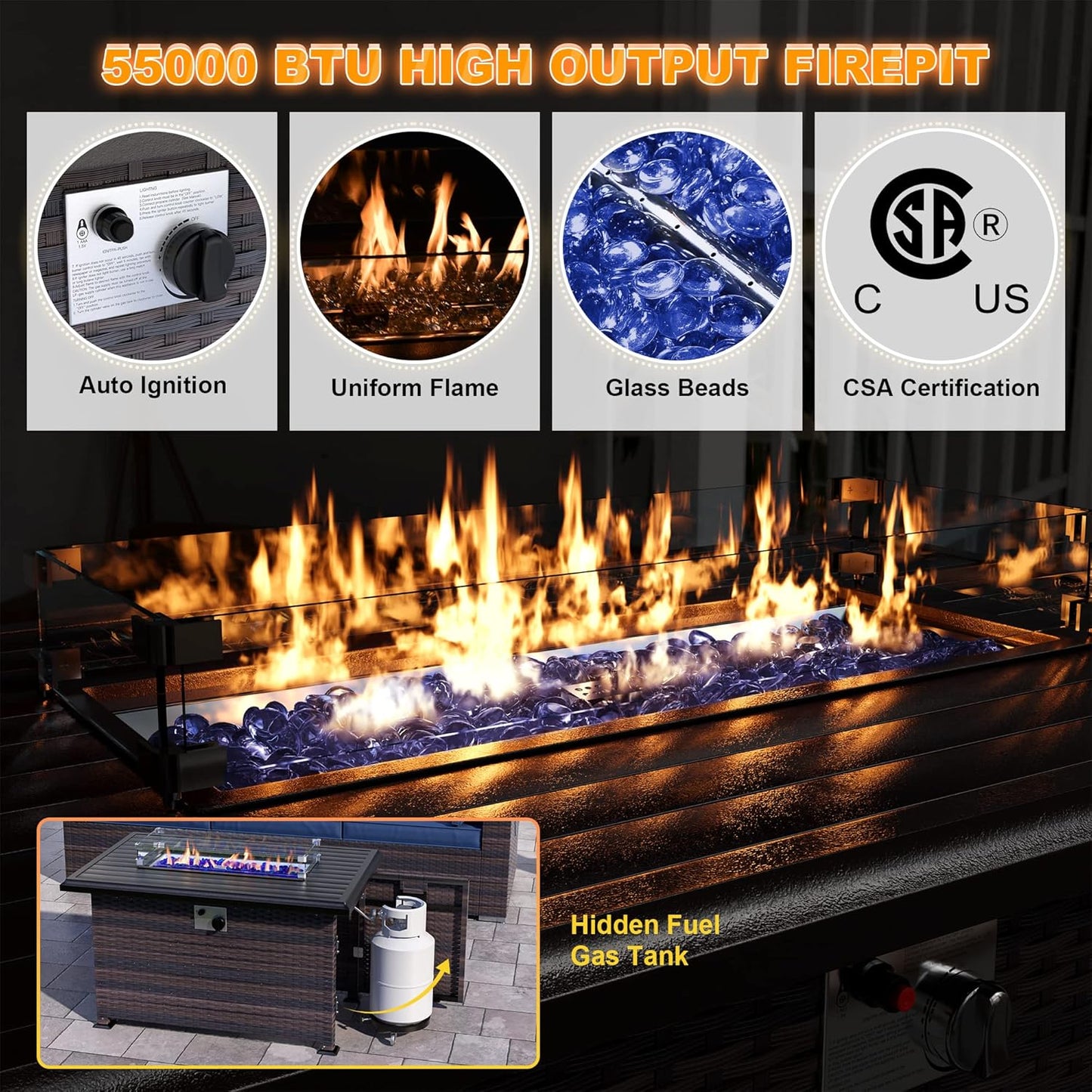 Kurapika Propane Fire Pit Table 43 Inch 55,000 BTU Auto-Ignition, CSA Certification Outdoor Rattan Gas Fire Pits with Slide Out Tank Holder, Outdoor Fire Tables Wider Desktop, Windshield and Lid