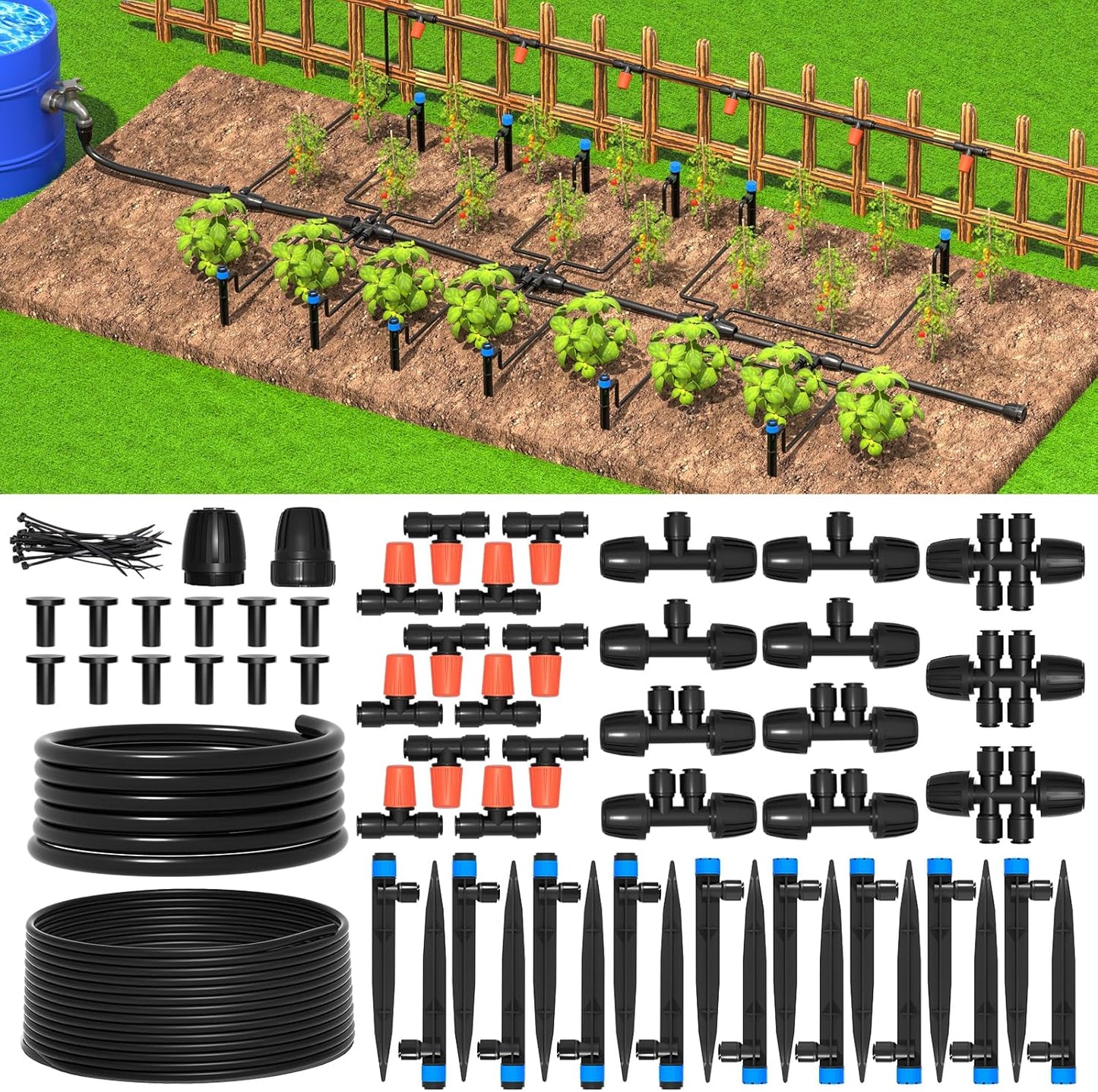 MIXC Greenhouse Micro Drip Irrigation Kit Automatic Irrigation System Patio Misting Plant Watering System with 1/4 inch 1/2 inch Irrigation Tubing Hose Adjustable Nozzle Emitters Barbed Fittings