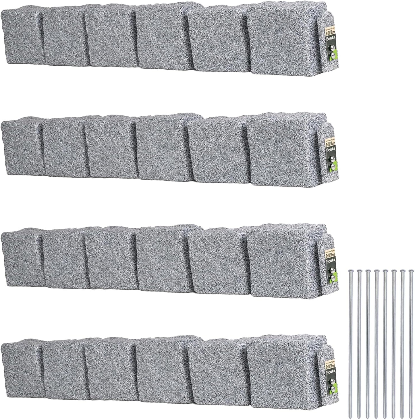 Beuta Landscape Edging | Garden Edging Border | Faux Stone Blocks for Lawn Edging, Flower Beds & Yard Edging – 4 Pack | Each Section Has 6 Blocks 48" L x 4" W x 6.5" H | 8 Spikes | Greystone