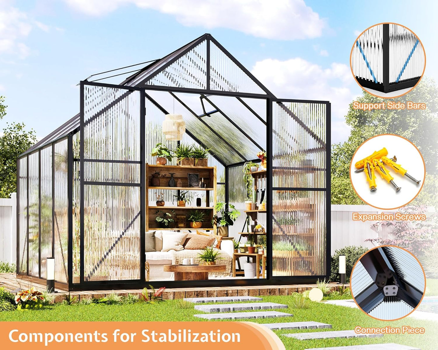 Jocisland 8x8x7 FT Polycarbonate Greenhouse for Outdoors with 2 Windows, Dual Swing Doors, Aluminum Walk-in Frame, Heavy Duty Garden Greenhouse for Backyard, Black