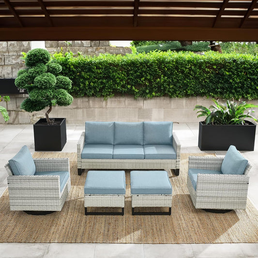 HUMMUH Patio Furniture Set 5 Piece Outdoor Sectional Sofa,PE Wicker Patio Swivel Rocker Chairs with Ottomans for Porch,Garden,Backyard