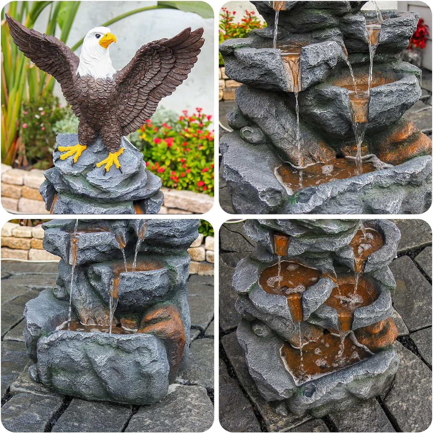 YZM Bald Eagle Statue Outdoor Fountain Tiered Cascading Rock Water Feature for Garden Patio Backyard Porch Deck 38.58" Tall Outdoor Waterfall Sculpture Elegant Garden Decor