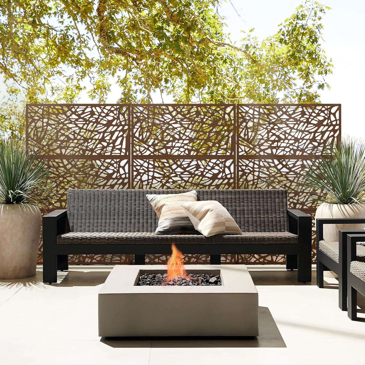 Metal Privacy Screen Outdoor 72" H×47" W,Freestanding Decorative Privacy Screen for Balcony Yard&Garden,Privacy Fence-Brown&Net