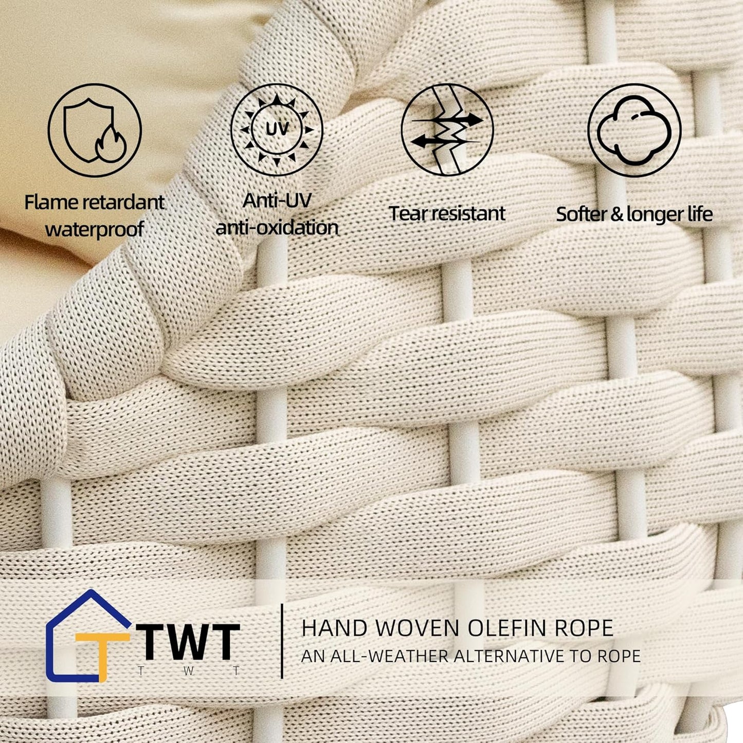 TWT Outdoor 3-Piece Conversation Set Rust Free Patio Furniture Set Already Assembled Compact-Weave Rope Olefin Modern Sofa Seating with Thick & Washable Cushions for Indoor, Backyard, Balcony, Cream