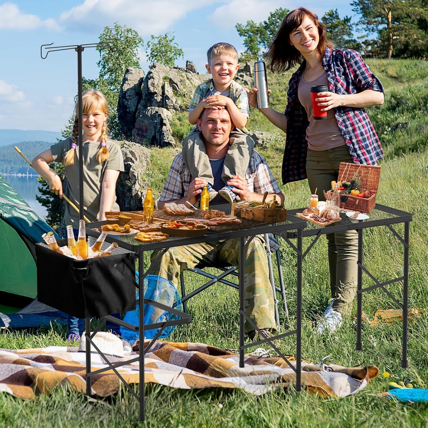 Folding Table with Sink and Double Shelf, Camping Table Height Adjustable Folding Grill Table, Portable Outdoor Table for Picnic,Camping,BBQ,Beach,69 x20 x32 Inches(Black)