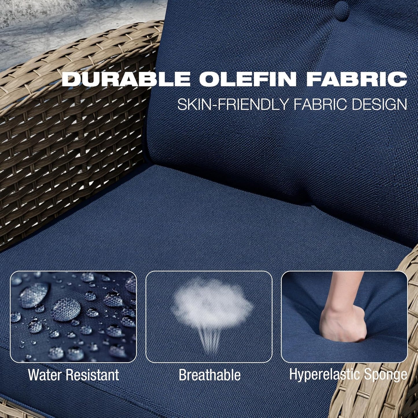 Joyside Outdoor Swivel Rocker Chairs, 3 Piece Wicker Patio Set with Thick Cushion and Side Table, Rattan Patio Swivel Rocking Chairs for Porch, Deck Use (Natural/Blue, 3 PCS)