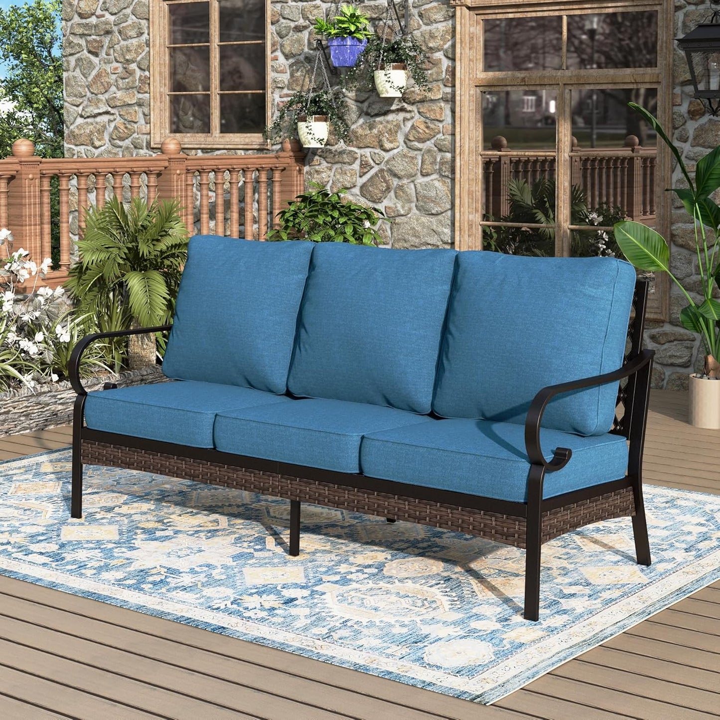 Patio Furniture Sofa, 3-Seat Patio Sofa Steel Frame Outdoor Sectional Couch with Deep Seating and 5.75” Cushions for Lawn Backyard Porch Deck, Peacock Blue