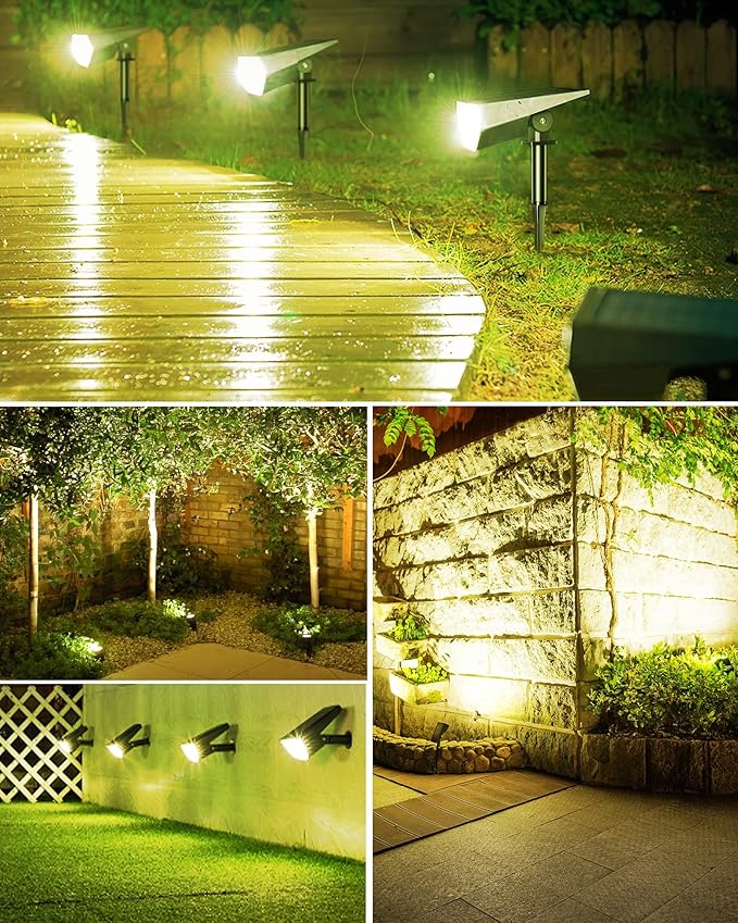 Biling Solar Spot Lights Outdoor, 2-in-1 Solar Landscape Lights 12 LED Bulbs Solar Powered Lights IP67 Waterproof Adjustable Wall Light for Patio Pathway Yard Garden Driveway Pool - Warm White