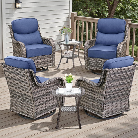 6 Piece Outdoor Patio Swivel Rocker Chairs, Waterproof Wicker, High Back, Deep Seating, Wide Armrest, Upgraded 6 inch Thick Cushions, Side Table, Ideal for Deck Porch Yard, Mixed Grey/Blue