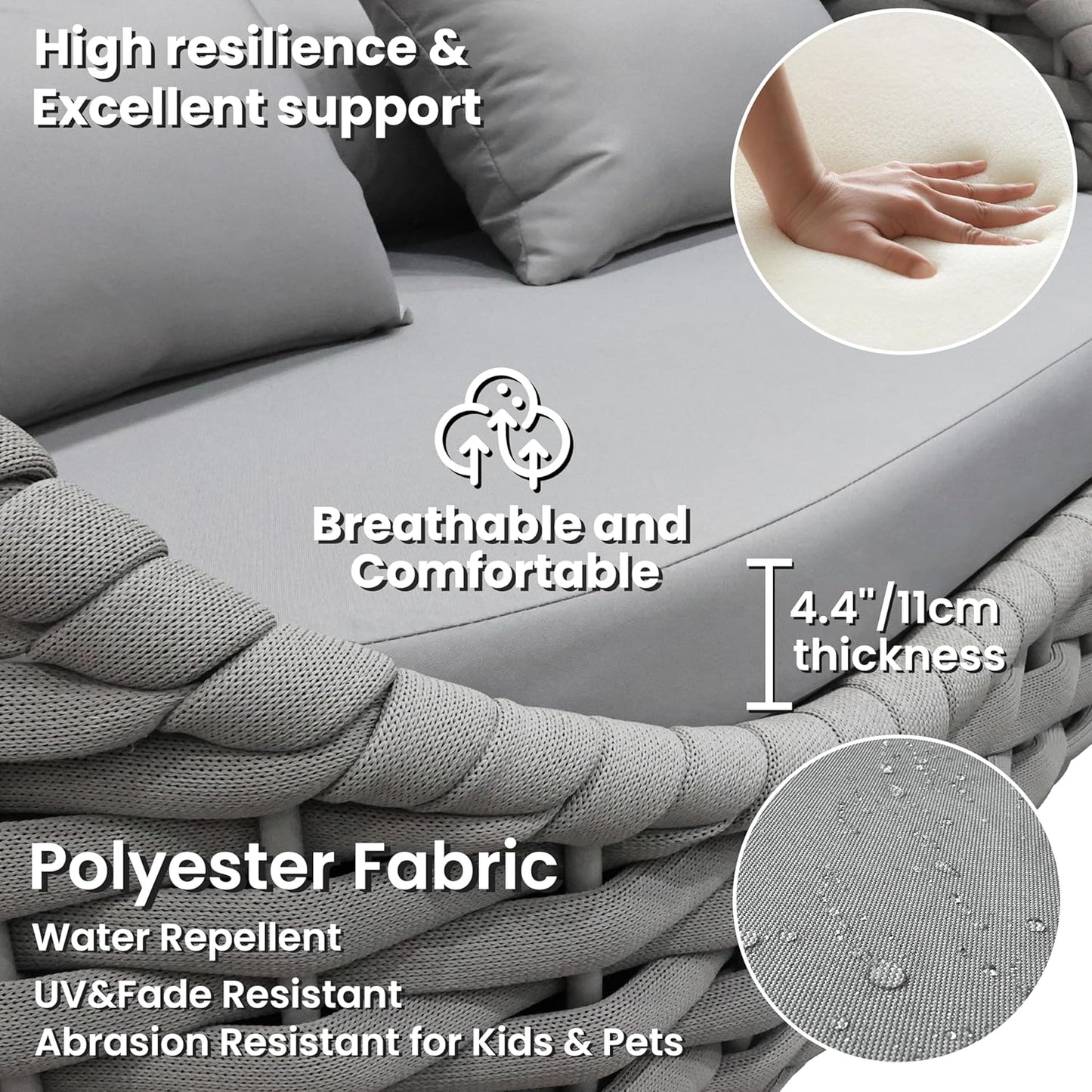 4 Pieces Courtyard Seating Set: Aluminum Woven Rope Patio Furniture Chair Set - All Weather Metal Outdoor Conversation Set - Assembled Armchair with Table Set for Bistro Deck Porch Balcony, Grey