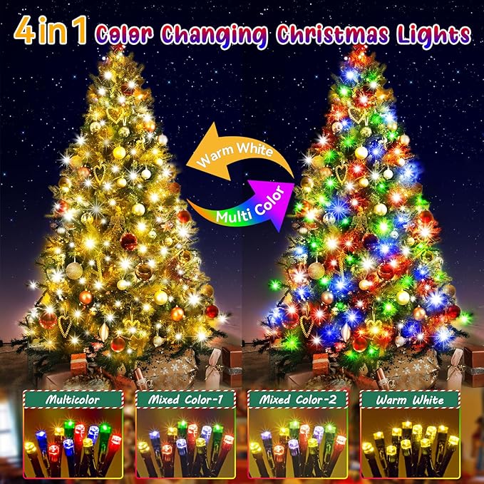 Hezbjiti 337 FT 720 LED Color Changing Christmas Lights Outdoor, 11 Modes String Lights IP44 Waterproof Fairy Light for Party Tree Garden Wedding Decorations (Warm White to Multicolor, Green Wire)