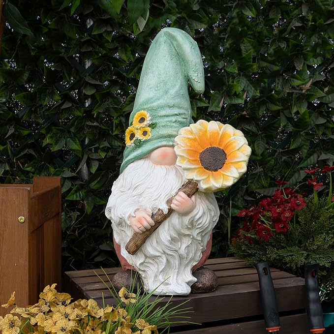 Alpine Corporation MCC842 Indoor/Outdoor Gnome Holding Sunflower Garden Statue, Charming Gnome Statue w/Hat, 21" H, Turquoise