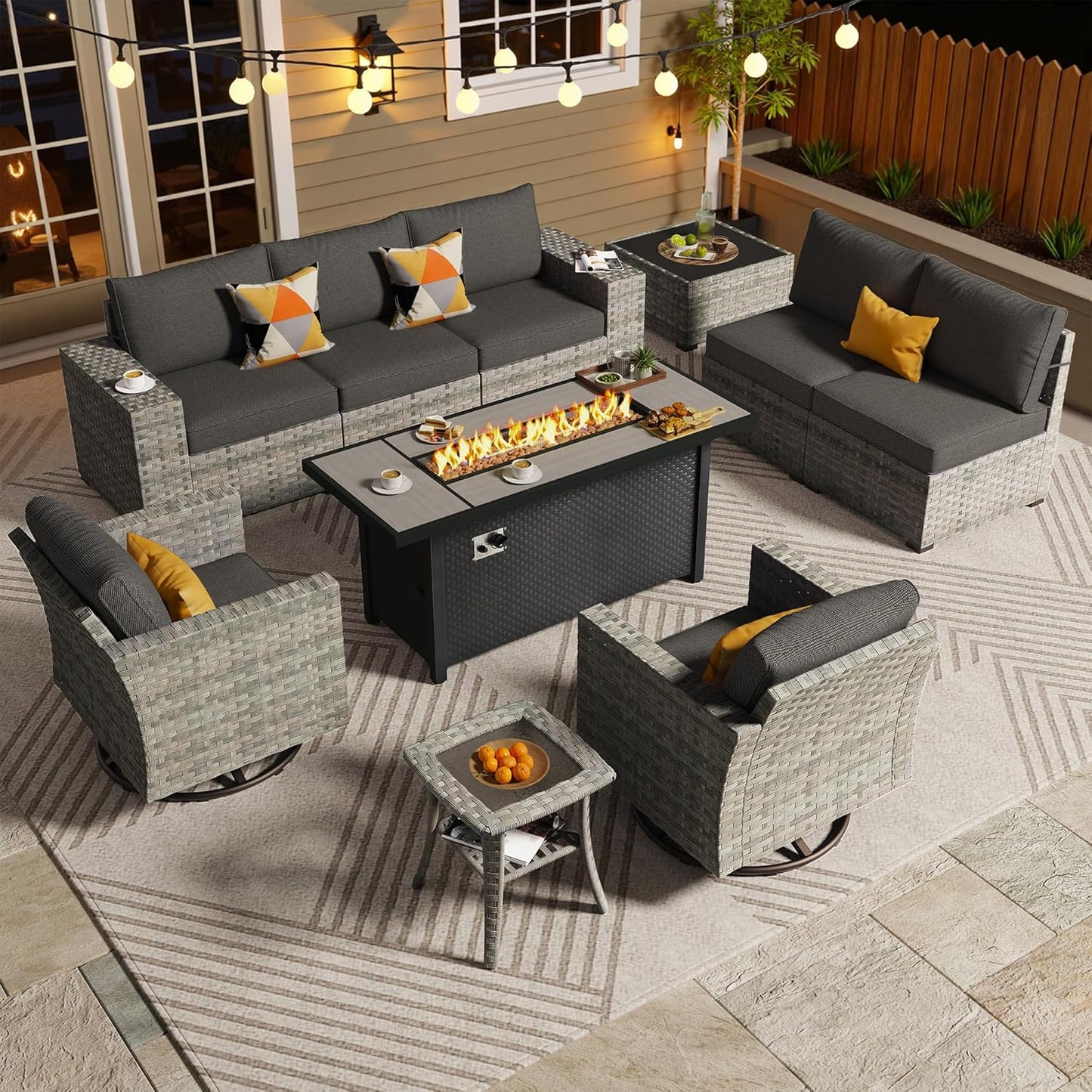ovios 10 Pieces Patio Furniture Set, Outdoor Wicker Sectional Sofa with 54" Fire Pit Table Swivel Chairs, Modern Modular Deep Seat Rattan Couch Conversation Sets, Black
