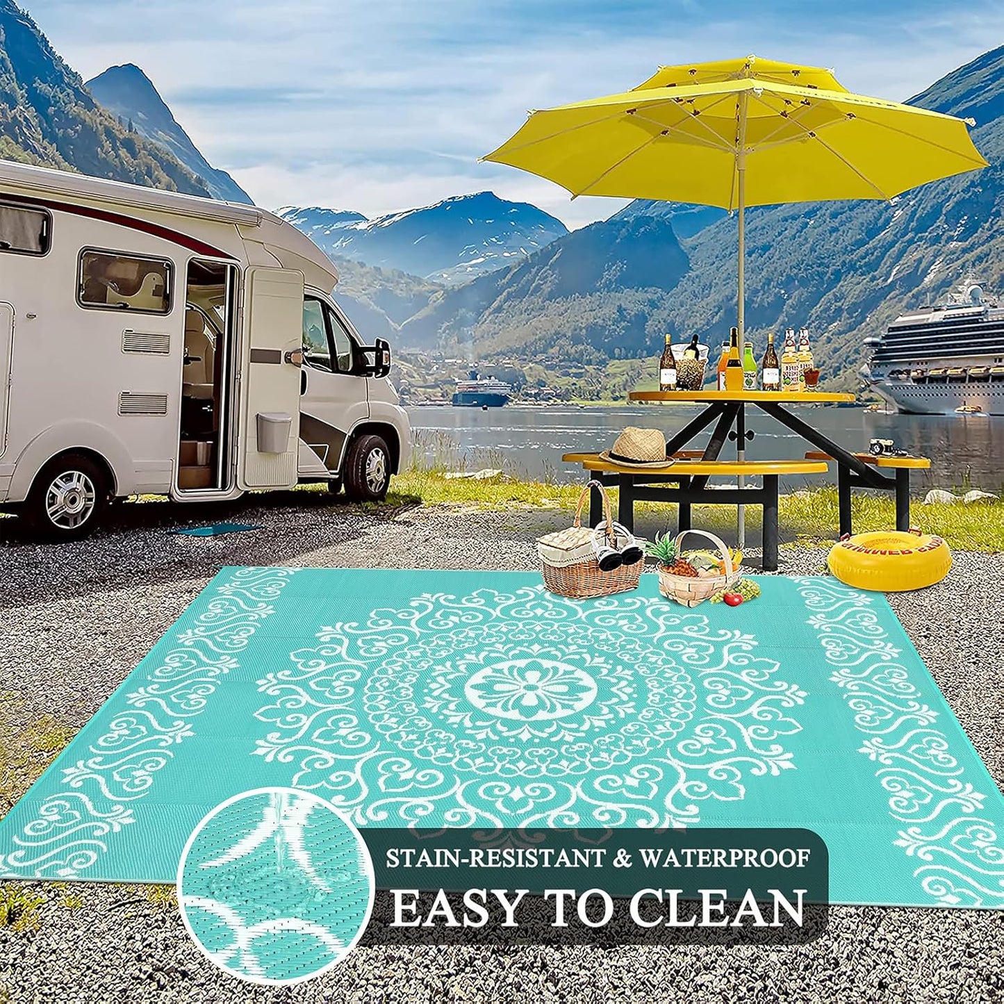 Pauwer Waterproof Outdoor Rug 8x10, Reversible Plastic Straw Patio Camping Rug, Indoor Outdoor RV Mat Carpet for Deck, Camper, Porch, Balcony, Backyard, Picnic, Floral Light Blue