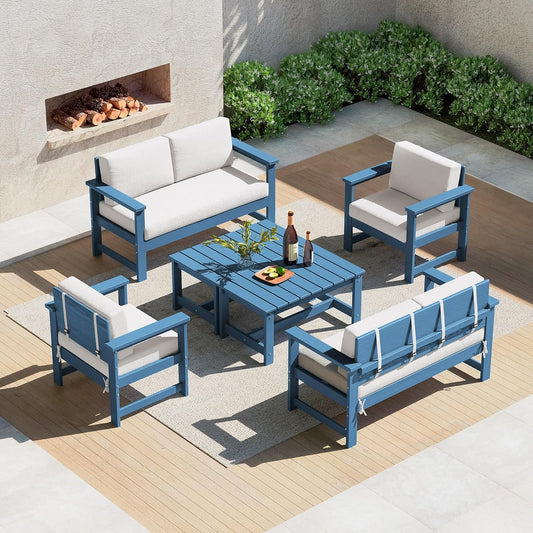 SERWALL 6 Pieces HDPE Outdoor Sofa Set with Cushions, Outdoor Conversation Couch Loveseat Furniture Set with Coffee Table for Balcony, Deck, Poolside, Black Frame with Khaki Cushions