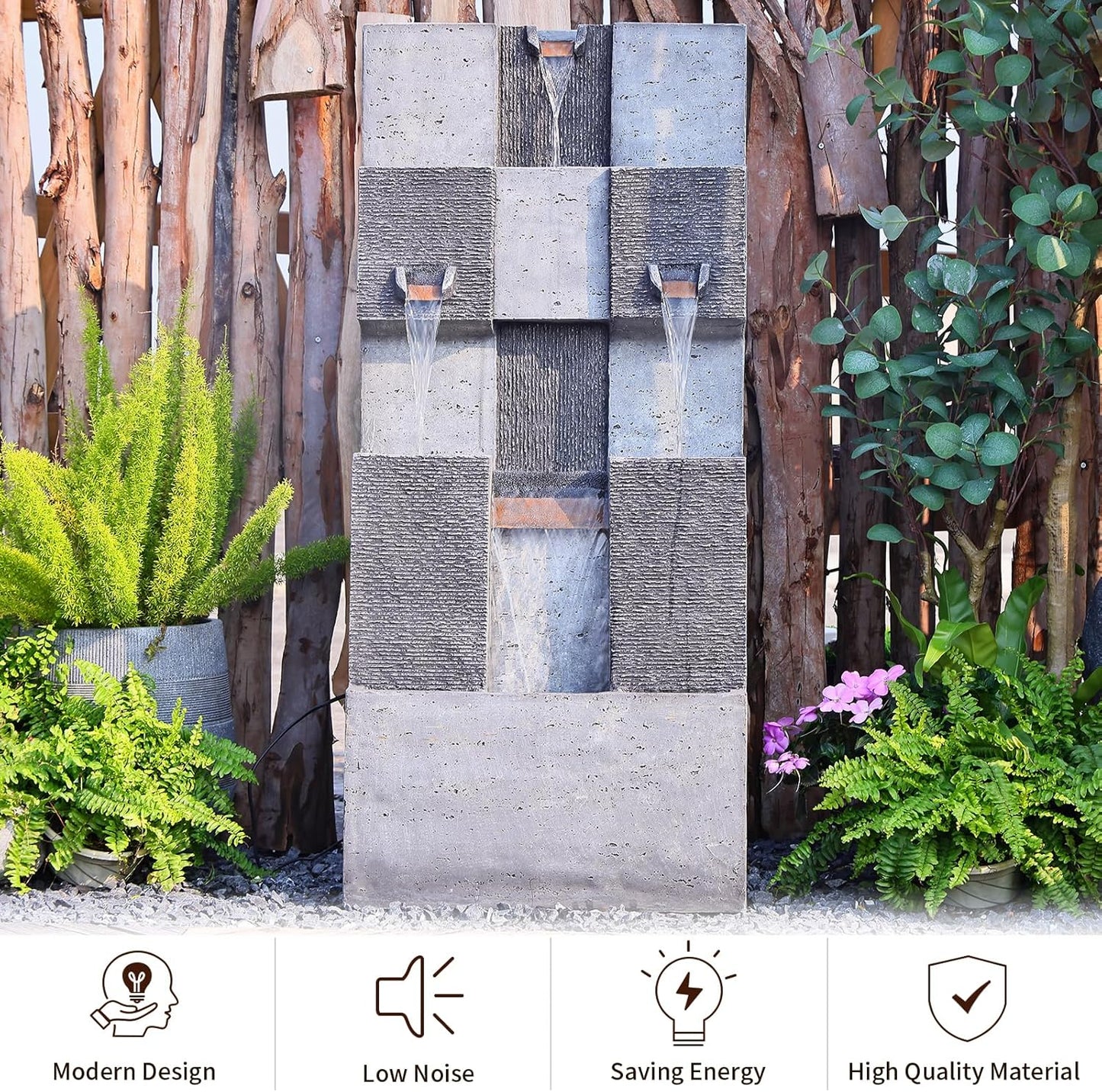 44.8" H Modern Outdoor Water Fountain with LED Lights and Pump, Mutiply-Tier Standing Cascading Waterfall - Modern Design for Garden,Patio,Yard, Multi-Level Outdoor Decor (Gray)