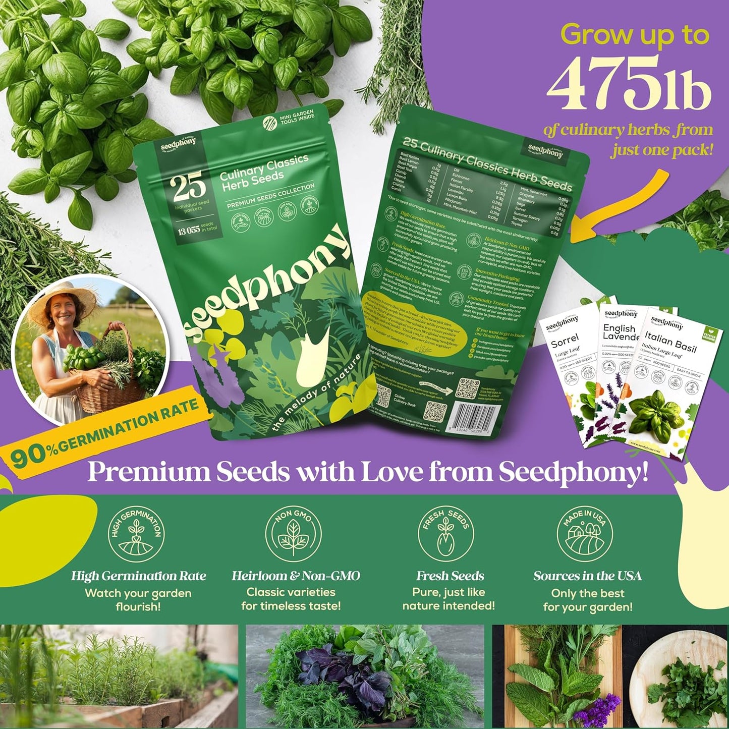 25 Culinary Classic Herb Seeds Variety Pack - 13,055+ Non-GMO Heirloom Herbs Seeds for Planting Indoor & Outdoor: Lavender, Rosemary, Dill, Mint, Catnip, Basil - Gardening Seeds Packets