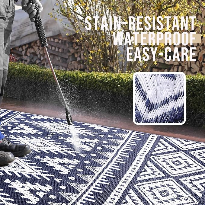 OLANLY Outdoor Rug Waterproof 10x14 ft, Reversible Outdoor Plastic Straw Rug, Boho Patio Rug, Indoor Outdoor Carpet, RV Mat Outside for Patio, Camp, Picnic, Balcony, Deck, Backyard, Navy & White