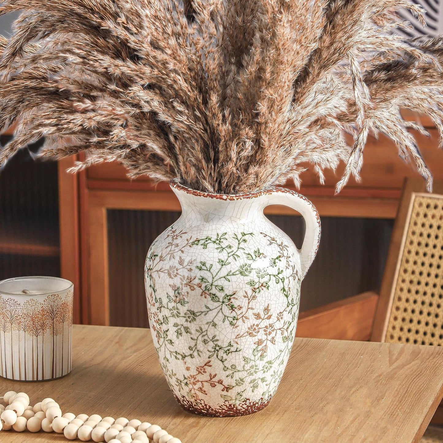 Enra Vintage vase,Ceramic Chinoiserie Floral Vase,Green and Beige Decorative Flower vase,Large Rustic Vases for Home Decors, Living Room, Bookshelf, Office，9.7 inch