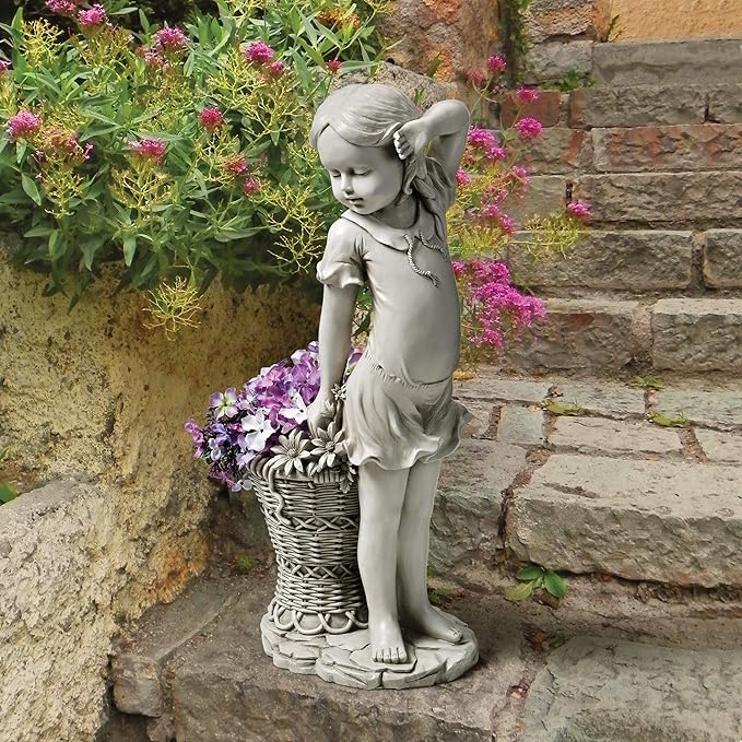 Design Toscano Frances the Flower Girl Outdoor Garden Statue with Planter, 21 Inch Tall, Cast Stone Resin, Antique Stone Finish