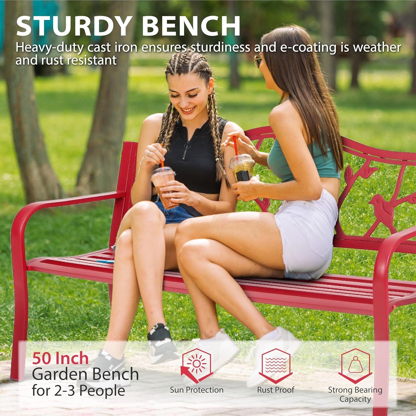 Sophia & William Outdoor Patio Metal Park Bench Red, Steel Frame Bench with Backrest and Armrests for Porch, Patio, Garden, Lawn, Balcony, Backyard and Indoor, 50.4”Wx23.5”D x35.0”H