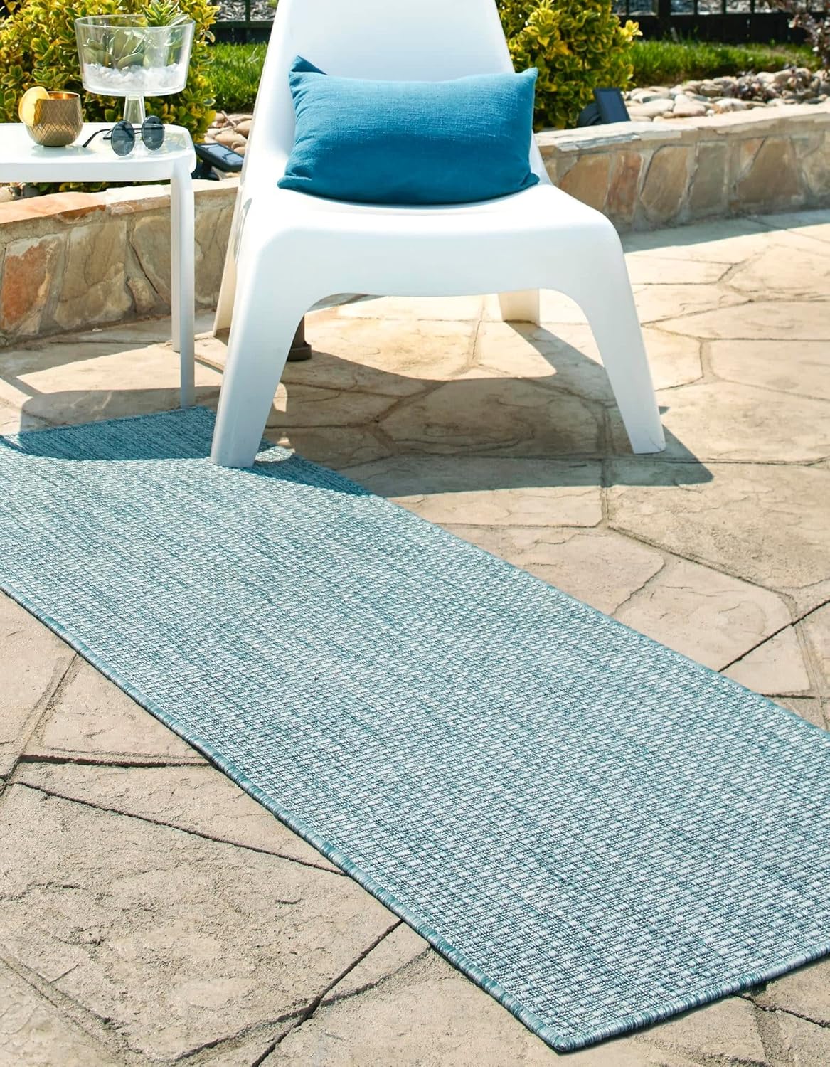 Unique Loom Collection Casual Transitional Solid Heathered Indoor/Outdoor Flatweave Area Rug (2' x 6' 1" Runner, Aquamarine/Ivory)