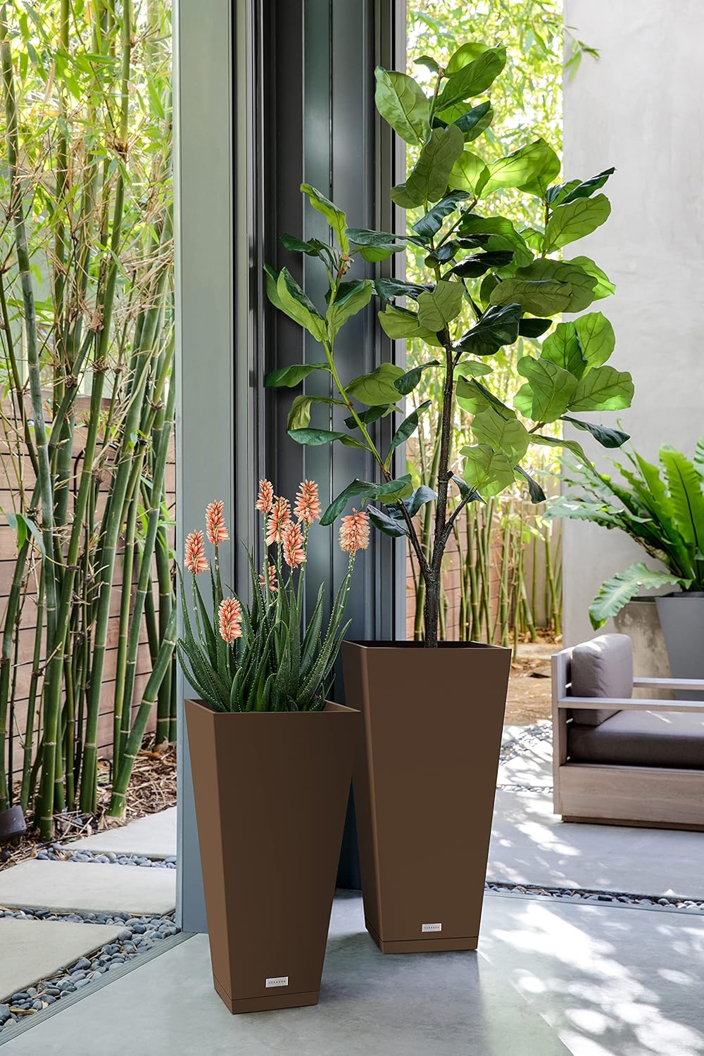 Veradek V-Resin Indoor/Outdoor Taper Planter (Espresso, 26 inch - 2 Pack with 2 Saucer Trays)
