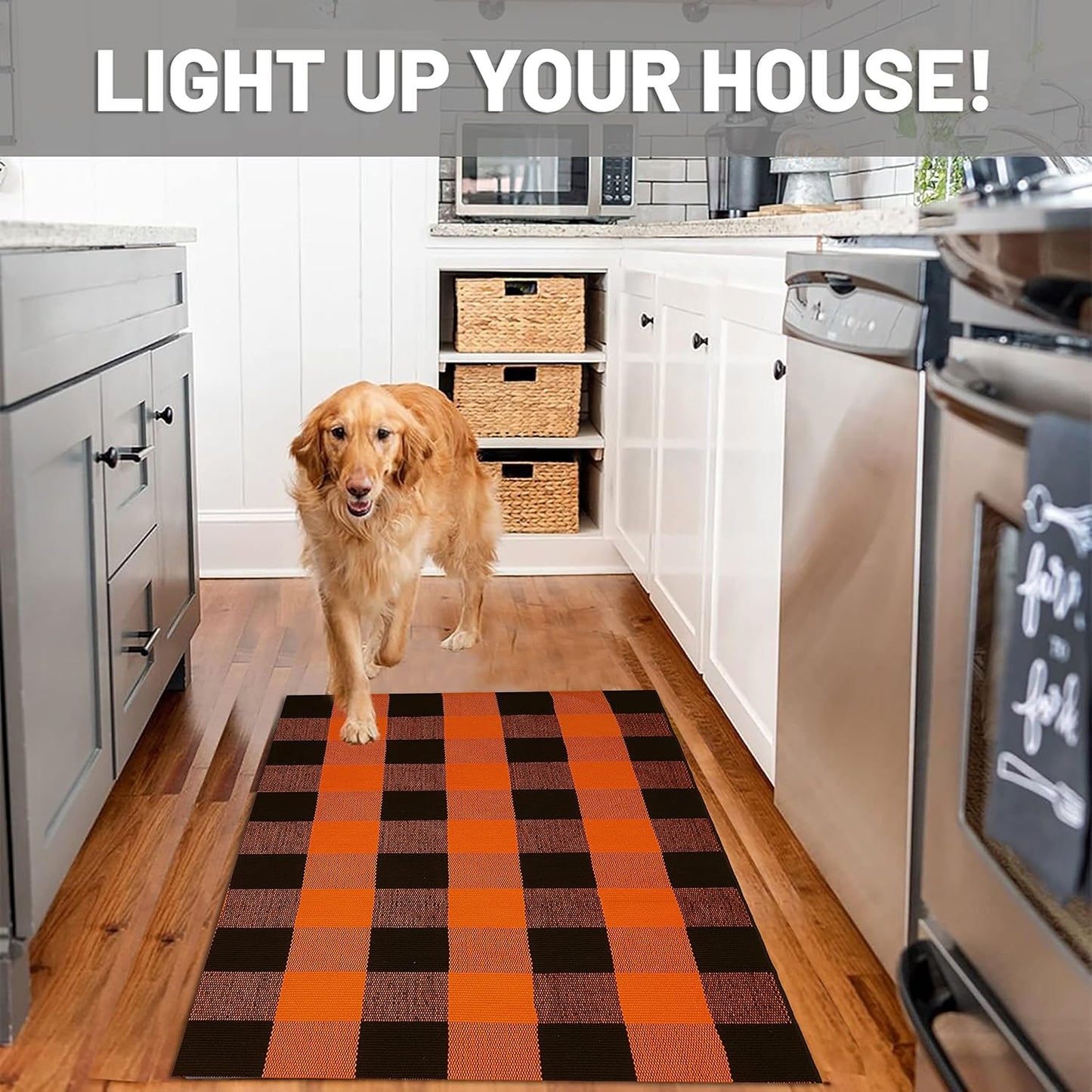 IOHOUZE Fall Buffalo Plaid Check Rug Outdoor Doormat 27.5 x 43 Inches Washable Woven Outdoor Indoor Welcome Mats for Front Door/Farmhouse/Entryway/Home Entrance Black and Orange Outdoor Rug