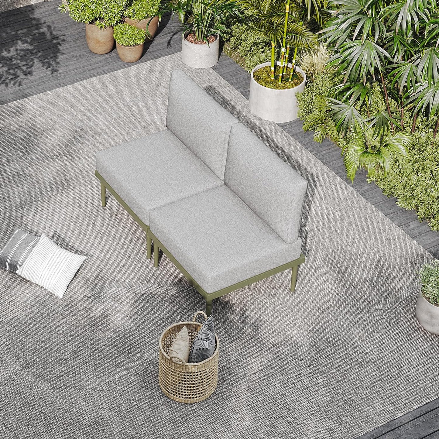 Sundale Outdoor 2 Pieces Metal Patio Furniture Set, Outdoor Sectional Sofa w/6 Inch Olefin Cushion, Modern Outdoor Conversation Sets