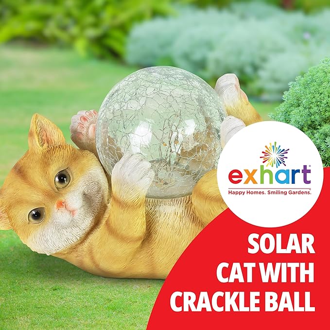 Exhart Garden Sculpture, Solar Cat Garden Statue with LED Light Crackle Ball, Outdoor Garden Decoration, 10.5 x 7.5 Inch, Multicolor, Resin