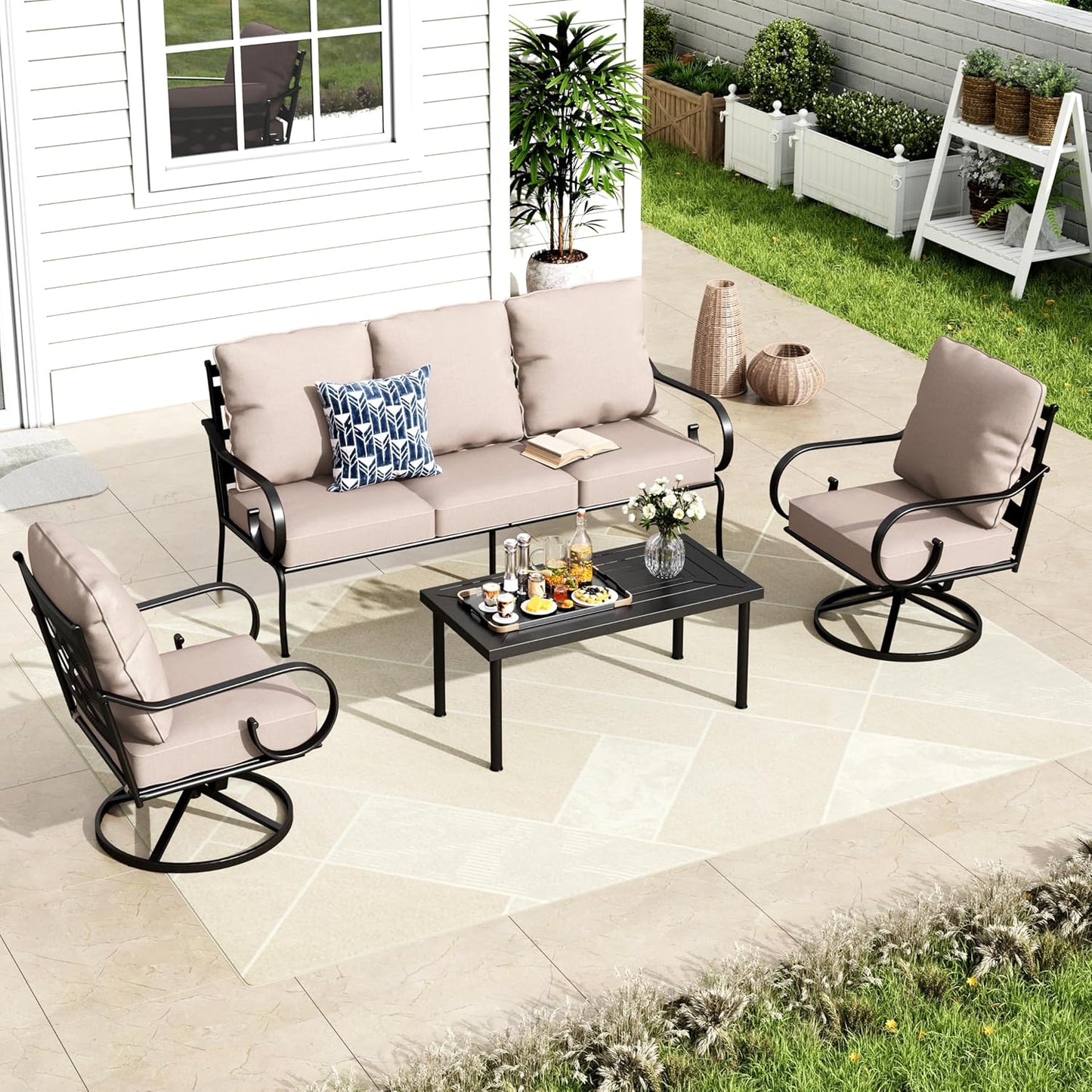 MFSTUDIO 5 Seats Large Metal Patio Conversation Sets, 4 Pieces Outdoor Furniture Sofa with 2 Swivel Chairs, 1 Sofa(3-seat) and Table for Outside Balcony Backyard Poolside