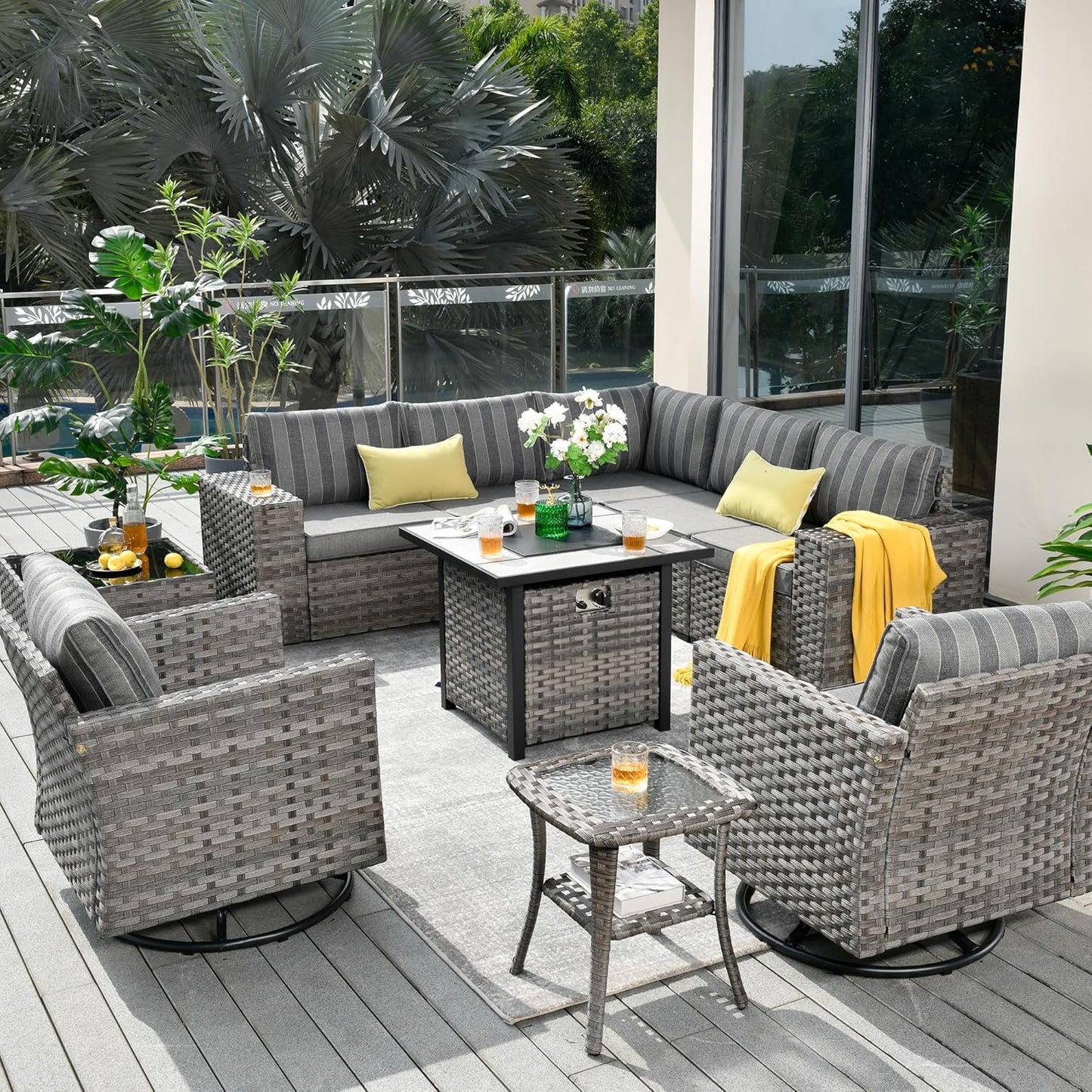 HOOOWOOO 10 Piece Modular Patio Outdoor Sectional Furniture Set with Gas Propane Fire Pit Table,Wicker Conversation Sofa Set with Swivel Chairs,Outside Couch Set(Grey Stripes)