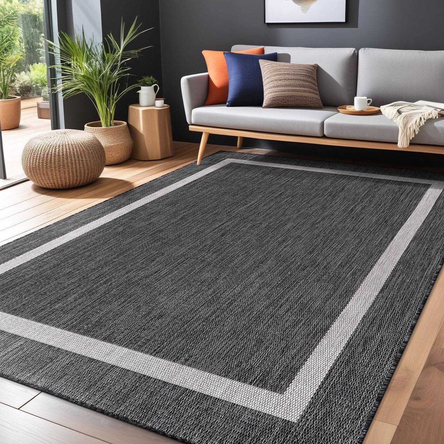 Bordered Outdoor Rug 6x9 Washable Outside Carpet for Indoor Patio Porch Waterproof Easy Cleaning Non Shedding Area Rugs Gray 6 x 9