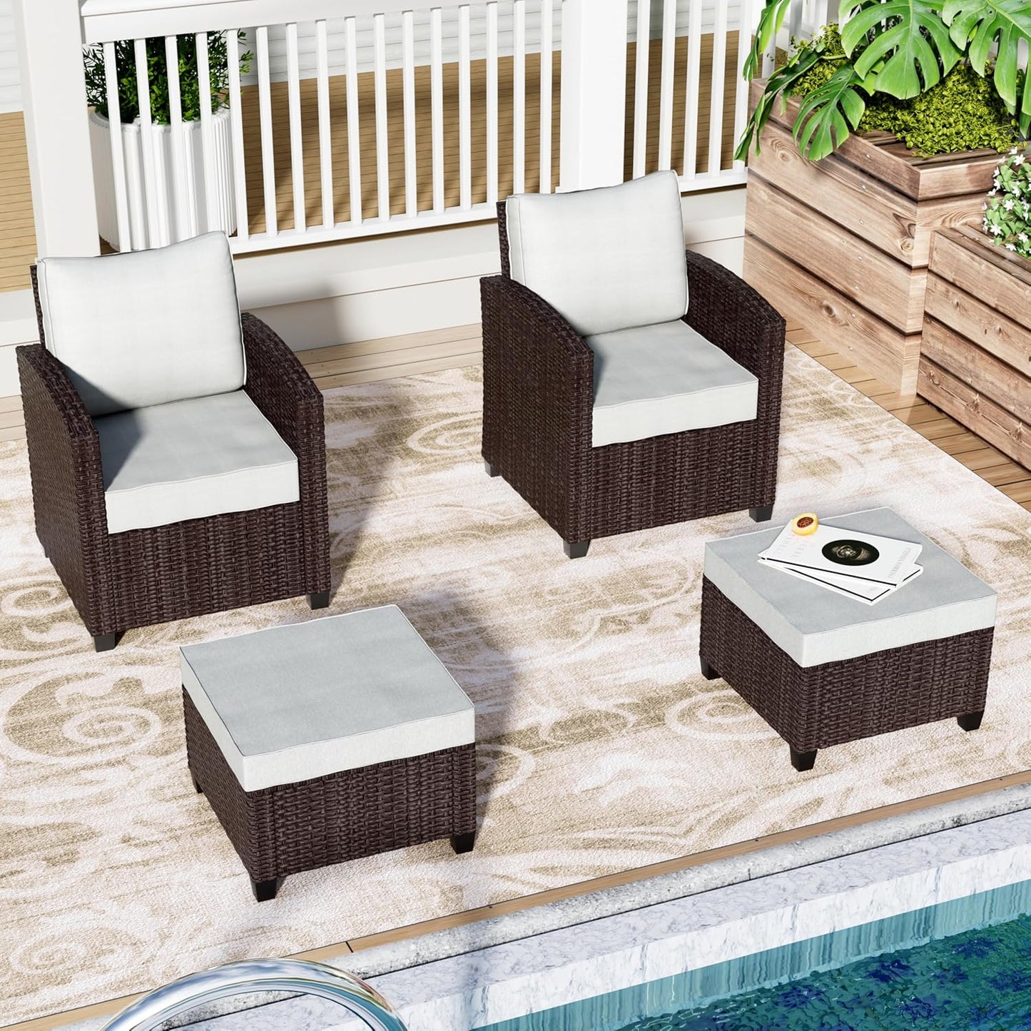Outdoor Patio Sectional Sofa Set, 4-Piece Rattan Furniture, Patio Conversation Sets with Fire Pit, Swivel Sofa, Seats 2, Light Grey