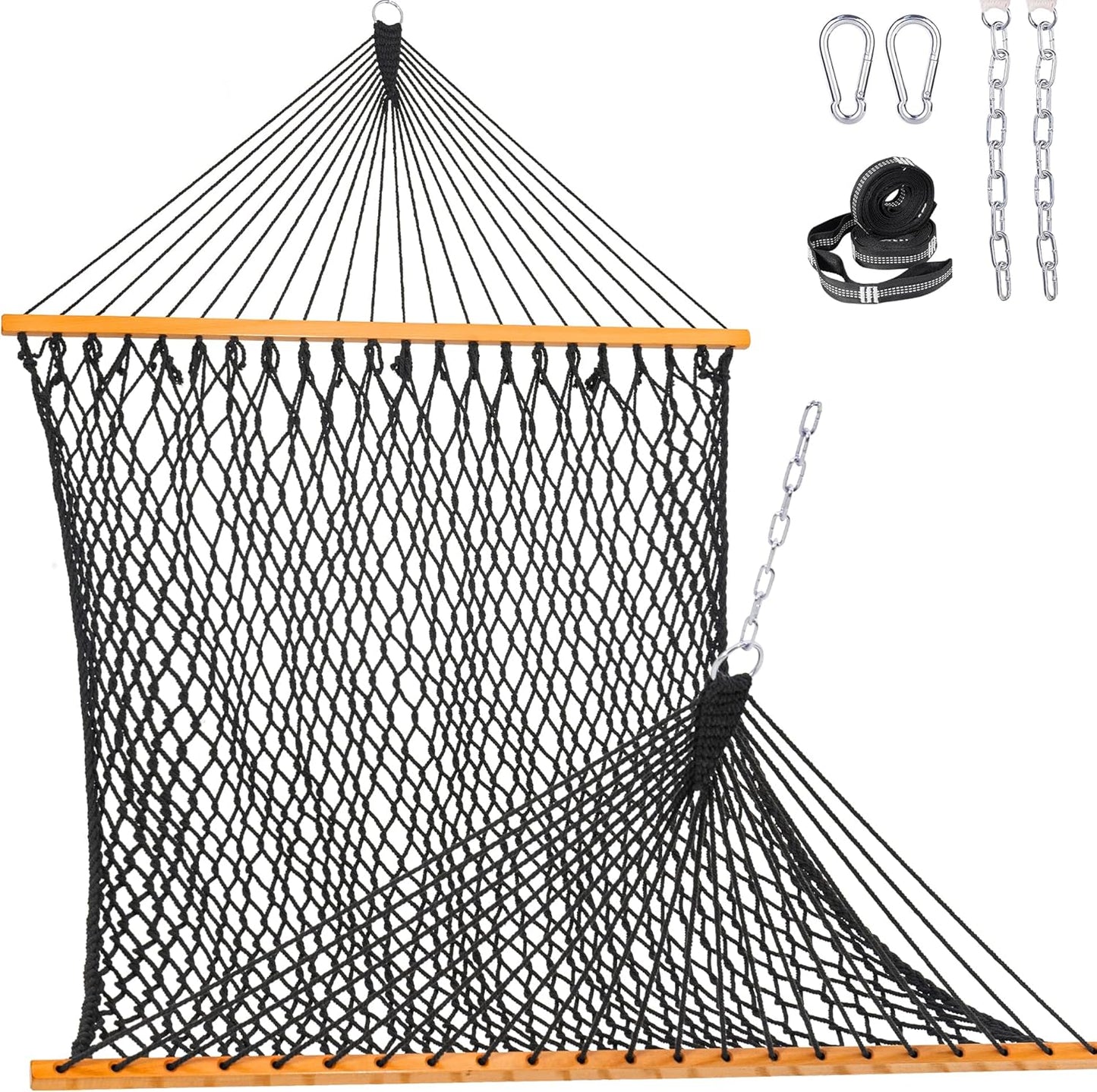 Lazy Daze Hammocks Double Rope Hammock, 2 Person Traditional Outdoor Hand Woven Cotton Rope Hammock with Spreader Bar, Chains, Tree Straps for Patio Yard - Max 450 Lbs, Dark Grey