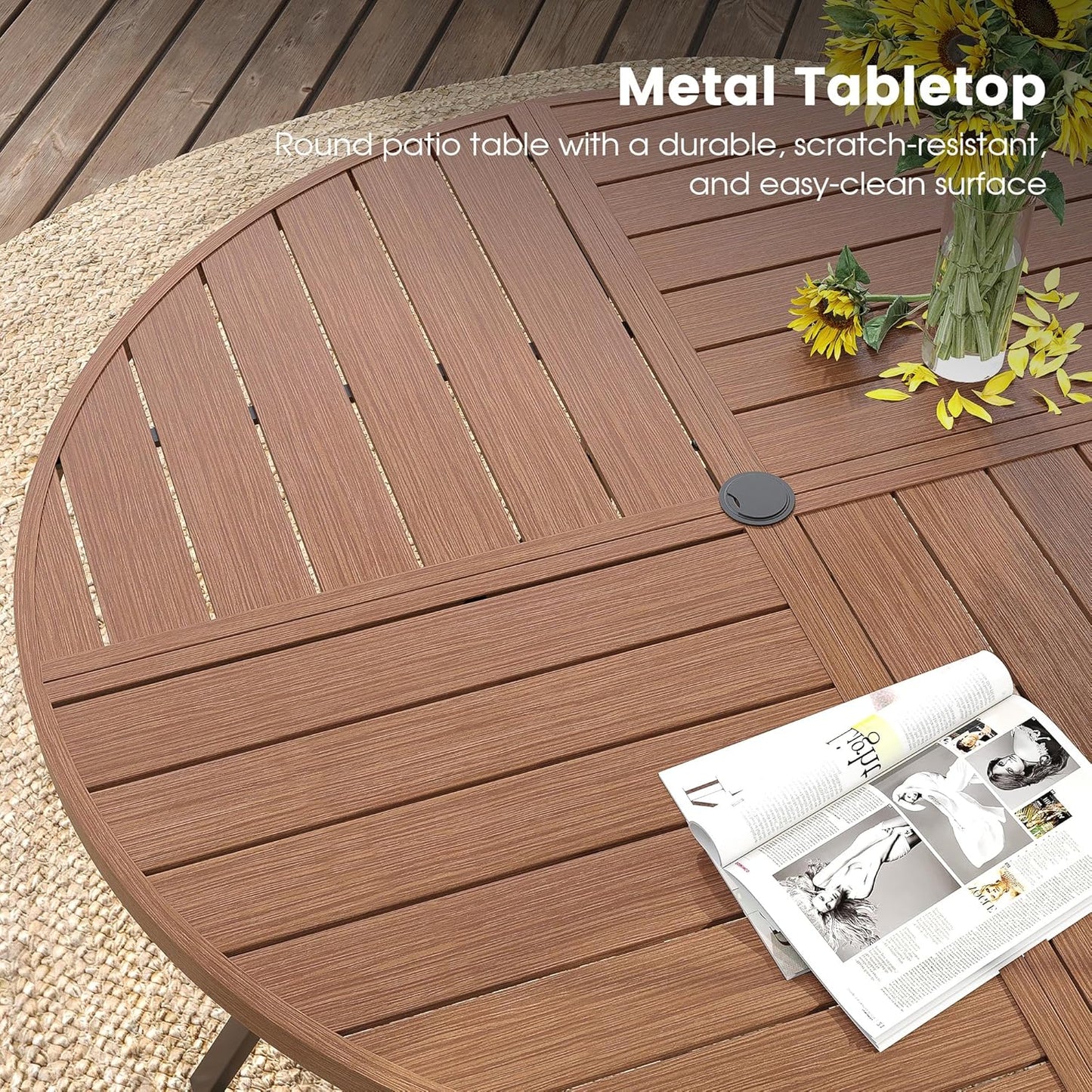 DIFY 50" Round Outdoor Patio Dining Table for 6, All-Weather Metal Steel Slatted Patio Table with 1.57" Adjustable Umbrella Hole, for Lawn Garden Porch Backyard, Walnut