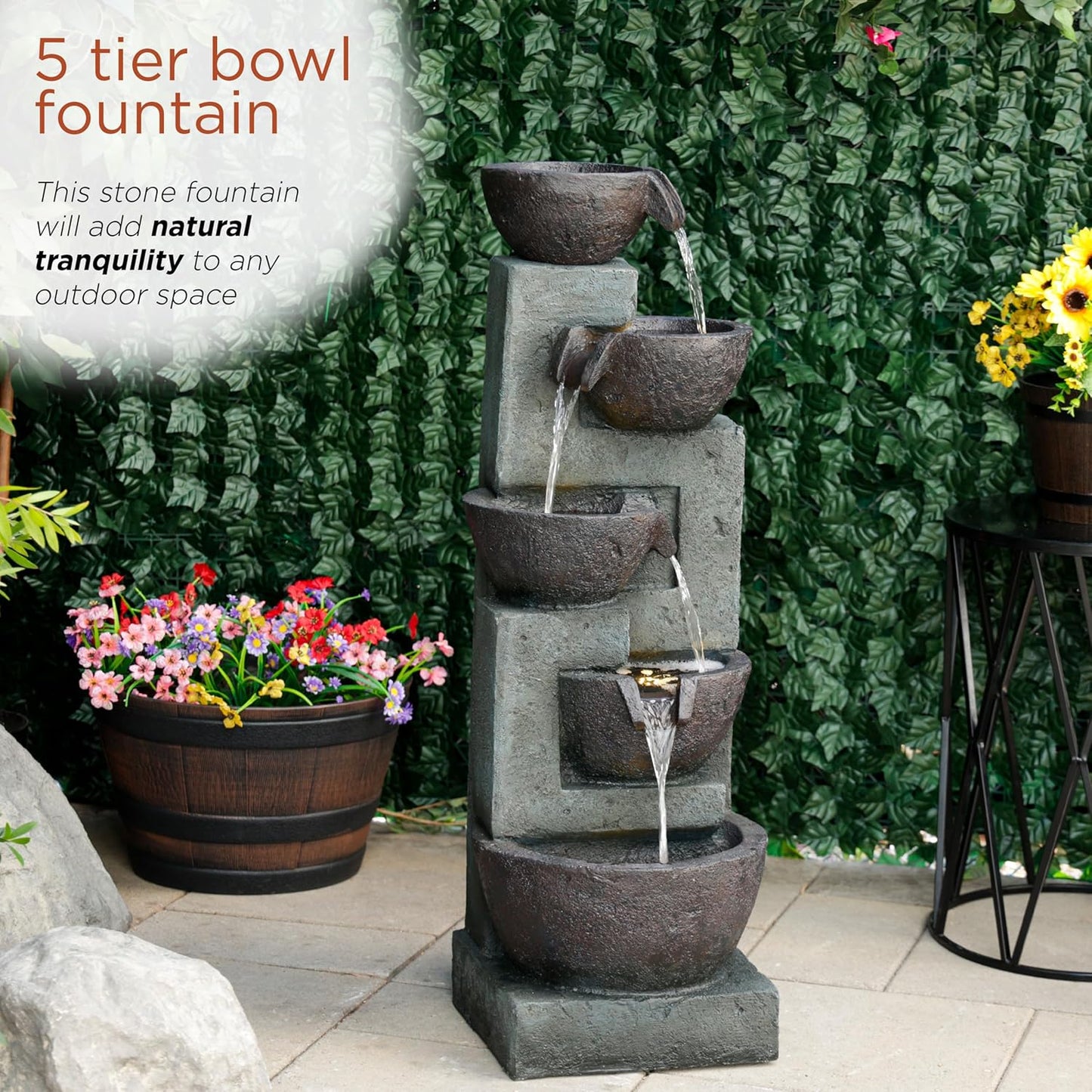 Alpine Corporation TZL390 Elegant Outdoor 5 Tier Bowls Waterfall Fountain with LED Lights for Garden, Patio, Yard, and Outdoor Spaces, Relaxing Cascading Fountain, 39" H, Gray