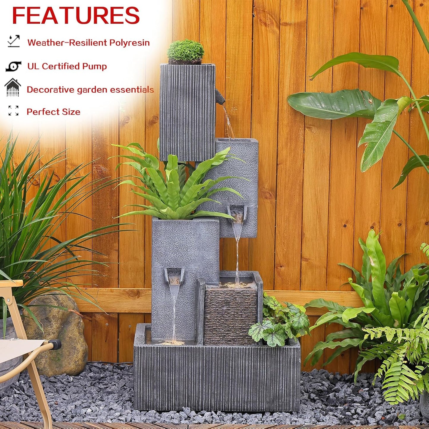 Tiered Water Fountain Outdoor Garden - Waterfall Patio Freestanding Cascade Fountains Concrete Artistry Modern Style with LED Lights for Yard Pool Home Decor, 41.5 inches Tall