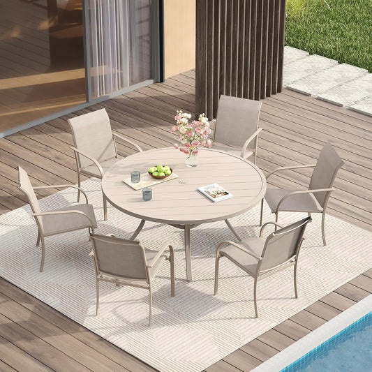 VICLLAX 7 Pieces Patio Dining Set, Outdoor Furniture Set Includes 47.2" Round Patio Table and 6 Patio Sling Chairs, Sandshell Color Tabletop and Fabric