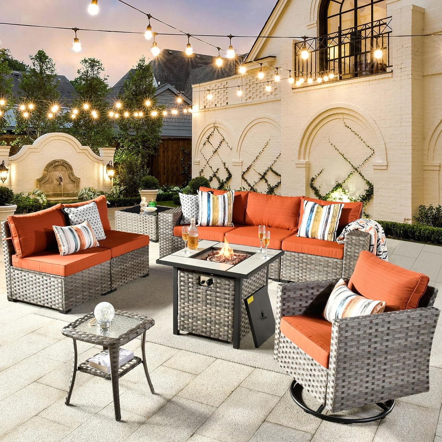 HOOOWOOO 9 Piece Modular Patio Outdoor Sectional Furniture Set with Gas Propane Fire Pit Table,Wicker Conversation Sofa Set with Swivel Chairs,Outside Couch Set(Orange Red)