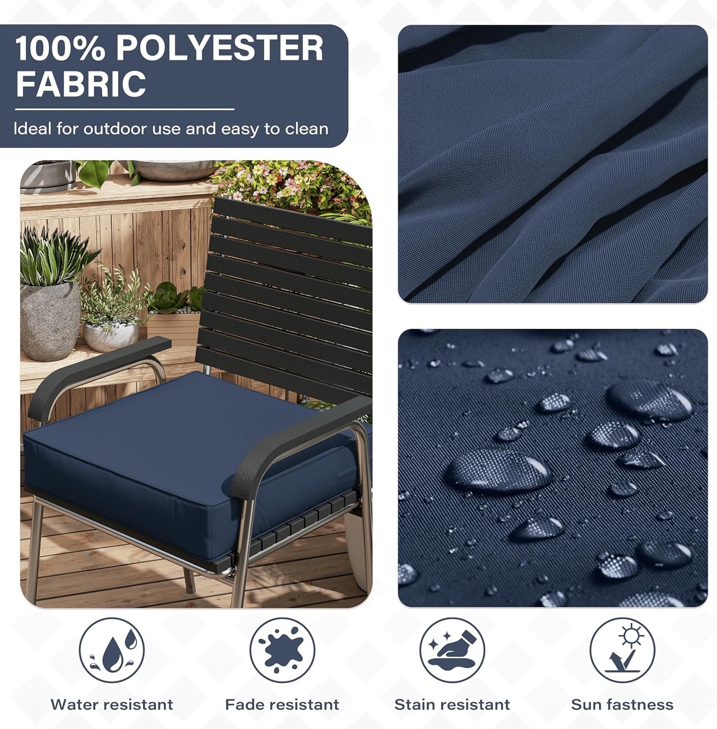Patio Chair Cushions 24 X 24 X 5 Inch Waterproof Outdoor Seat Cushions for Patio Furniture, Outdoor Sofa Couch Pads with Ties & Handle, Set of 2, Navy Blue