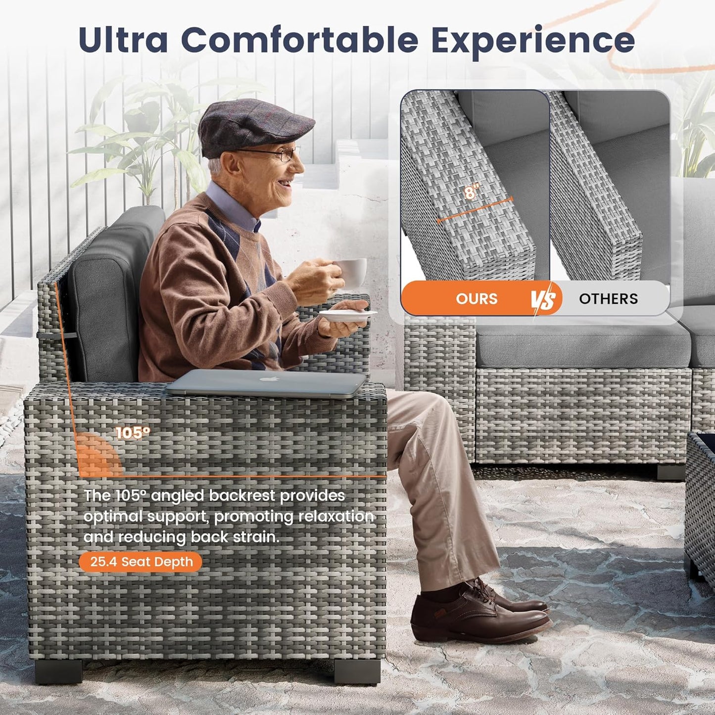 UDPATIO Patio Furniture Set, 8 Inch Armrest Outdoor Sectional Sofa, 6 Piece Wicker Outdoor Furniture Conversation Sets with Waterproof Cover and Coffee Table for Backyard Deck(Grey/Dark Grey)