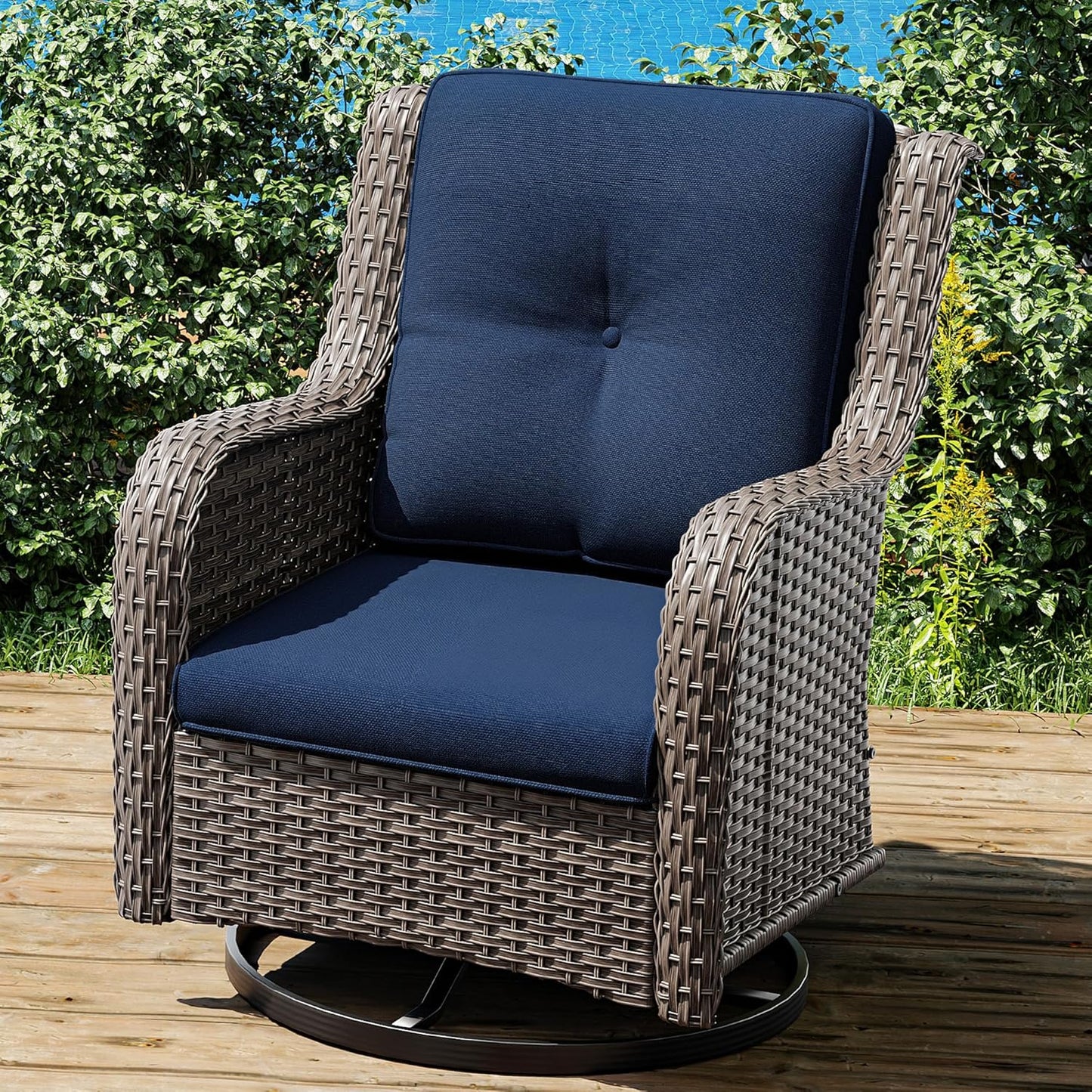 Joyside Outdoor Swivel Rocker Patio Chair - Outdoor Wicker Glider Rocking Chair with Olefin Fabric Cushions Suitable for Porch Deck and Backyard(Mixed Grey/Dark Blue)